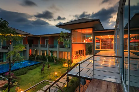 Resort courtyard at dusk
