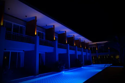 Poolside rooms at night