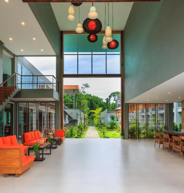 Resort lobby overlooking the gardens