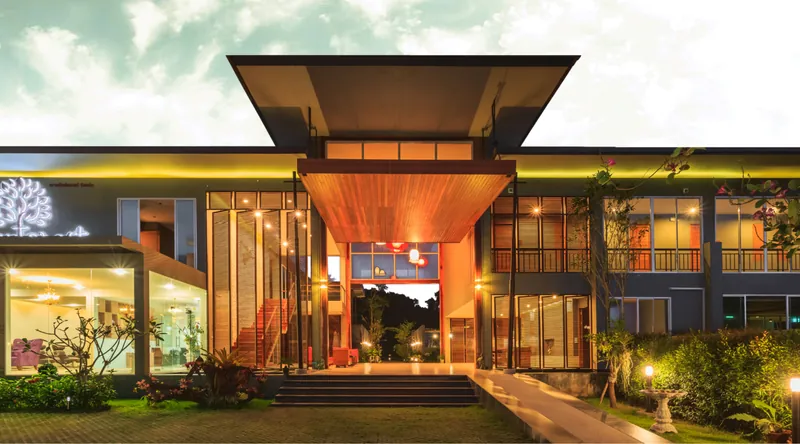 Wooden canopy at the resort main entrance