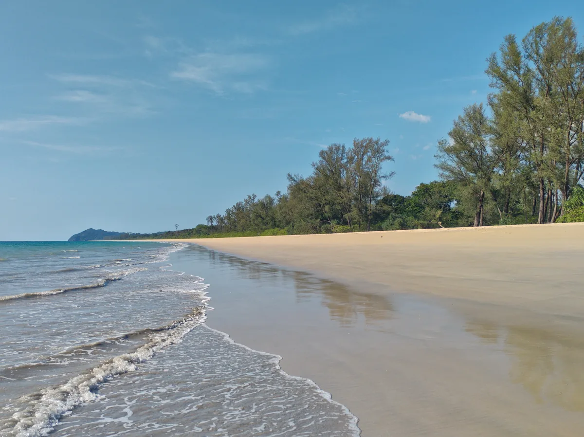 Waves curling onto Thai Mueang Beach below a line of coastal trees